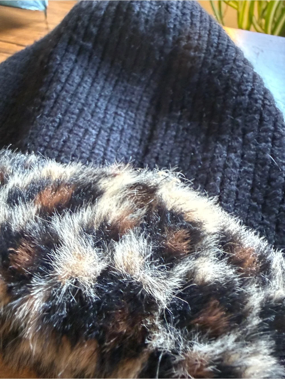 Black Beanie with Leopard Faux-Fur Cuff
